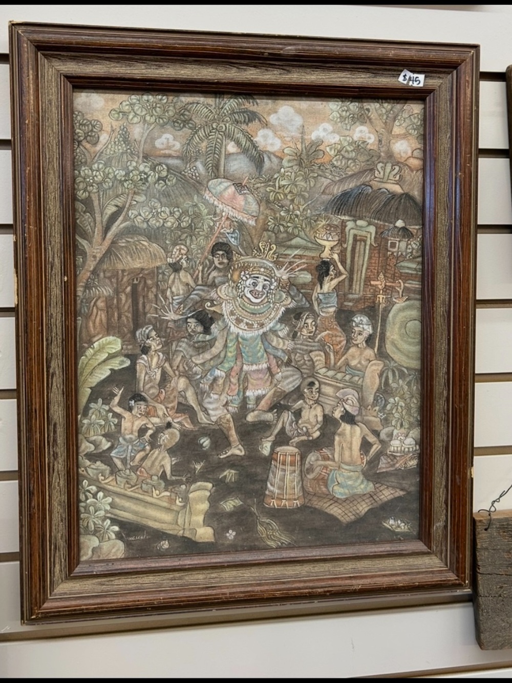 Vintage Hand-Painted Balinese Village Scene Wall Art - Earth Tones